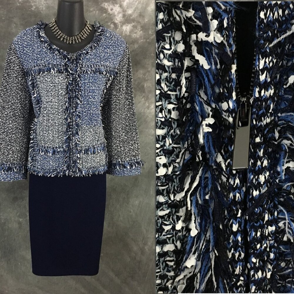 BEAUTIFUL st john knit blue multi fringe jacket skirt suit size 16
